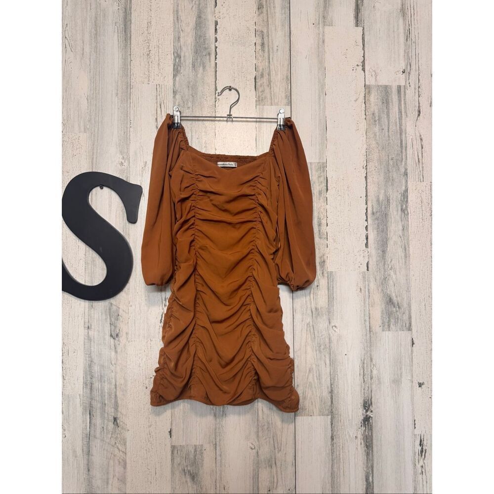 Abercrombie & Fitch Brown Ruched Mini Dress Puff Sleeve Bodycon Dress XXSP - Picture 4 of 7